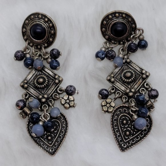 Pewter  drop earrings with blue beads and charms - Picture 1 of 5